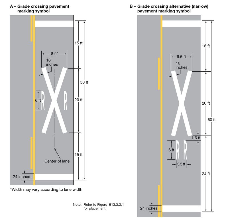A: At the bottom of a vertical section of one lane of a roadway, a white transverse line is shown that extends across the lane. Beyond it and in the center of the lane, a large white “X” is shown with a smaller white “R” on each side of it. At the top of the roadway section and beyond the “X,” another white transverse line is shown. B: At the bottom of a vertical section one lane of a roadway, a white transverse line is shown that extends across the lane. Beyond it, two white “Rs” are shown next to each other. Beyond the “RR,” a white “X” is shown marked in the lane. At the top of the roadway section and beyond the “X,” another white transverse line is shown.