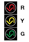 A vertically arranged signal face with three signal indications is shown. Each indication is shown as a vertical arrow that curves to the left and down to form an inverted "U" shape. From top to bottom, the indications are shown with a U-turn red arrow, a U-turn yellow arrow, and a U-turn green arrow.