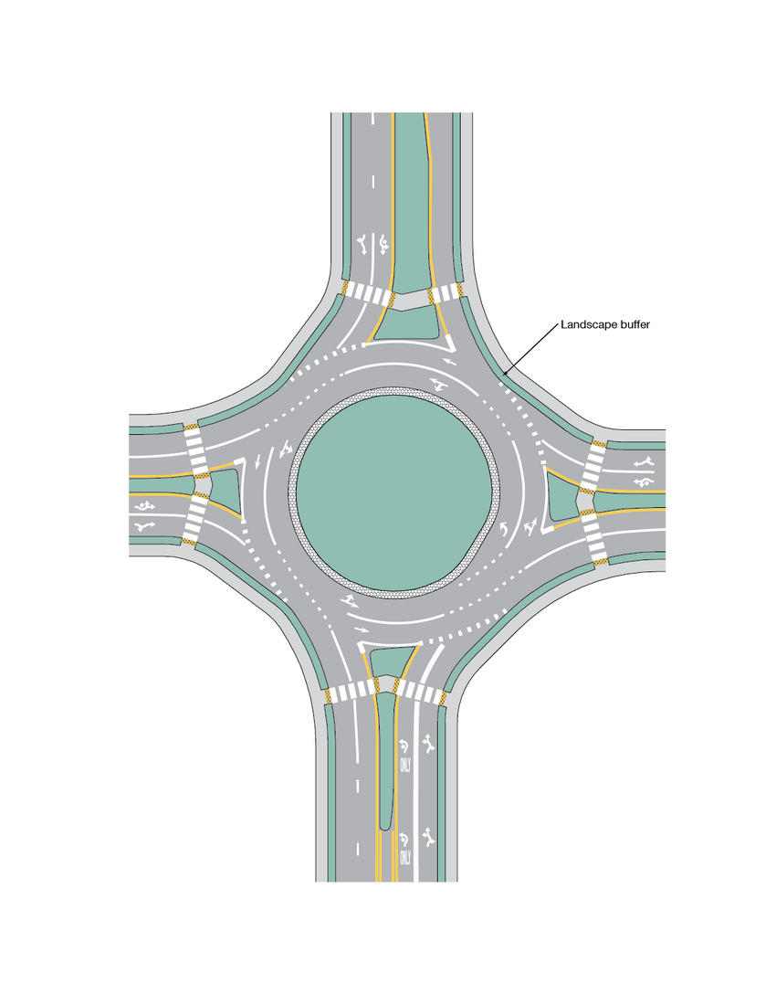 A four-way, two lane roundabout is shown with white lane markers, directional arrows, crosswalks, and a truck apron around the central island.