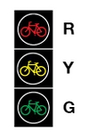 A vertical arrangement of three signal indications is shown – red symbol of a bicycle, yellow symbol of a bicycle, and green symbol of a bicycle.