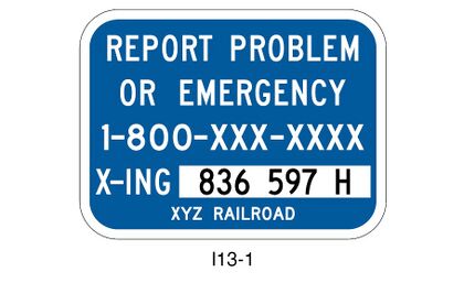 I13-1 is shown as a horizontal rectangular blue sign with a white border. It shows the message “REPORT PROBLEM OR EMERGENCY 1-800-XXX-XXXX” in white on the first three lines. “X-ING” in white to the left of “836 597 H” in black on a vertical horizontal white panel on the fourth line. “XYZ RAILROAD” in small white letters on the fifth line.