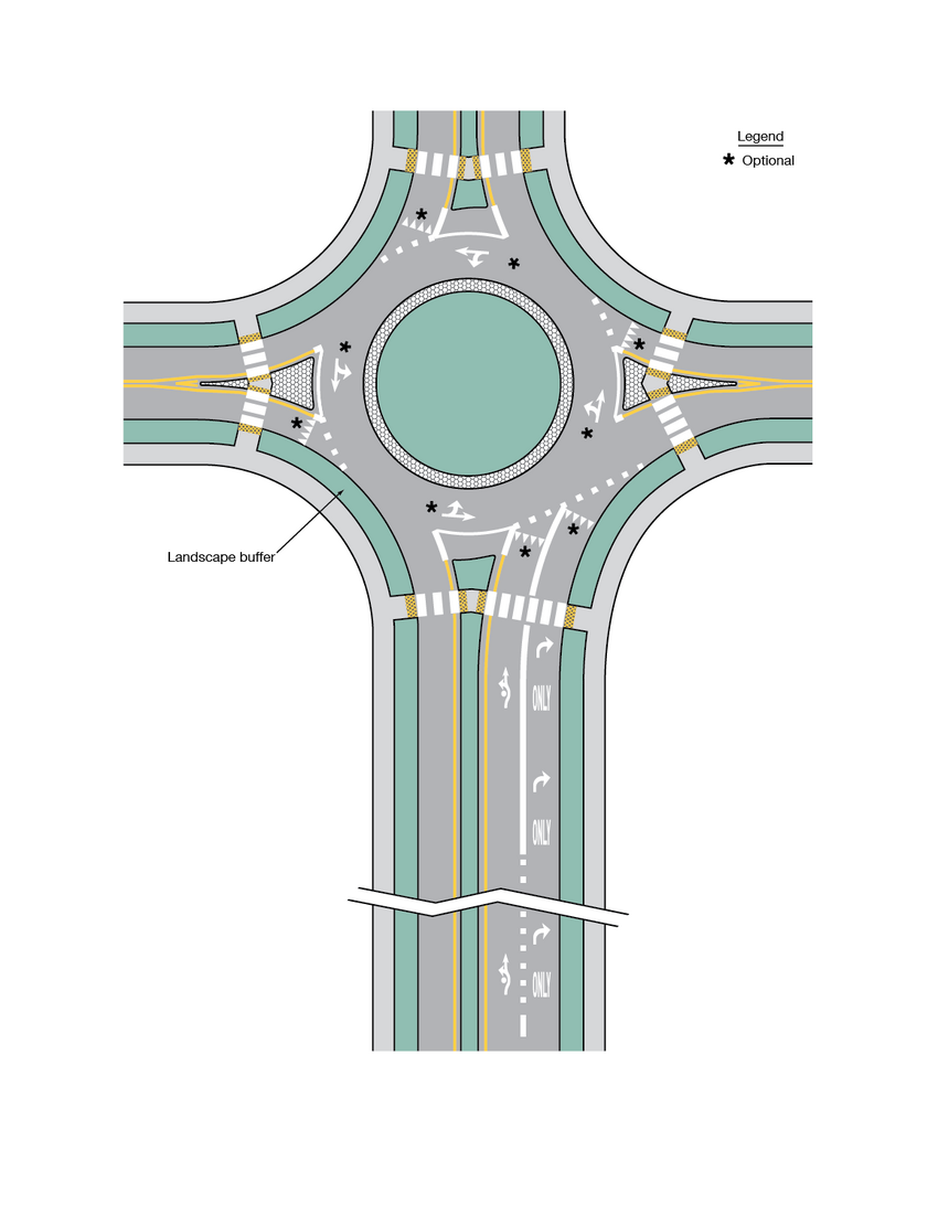 A four-way roundabout is shown with example white directional arrow lane markings and a yield line of white triangles marked as optional.